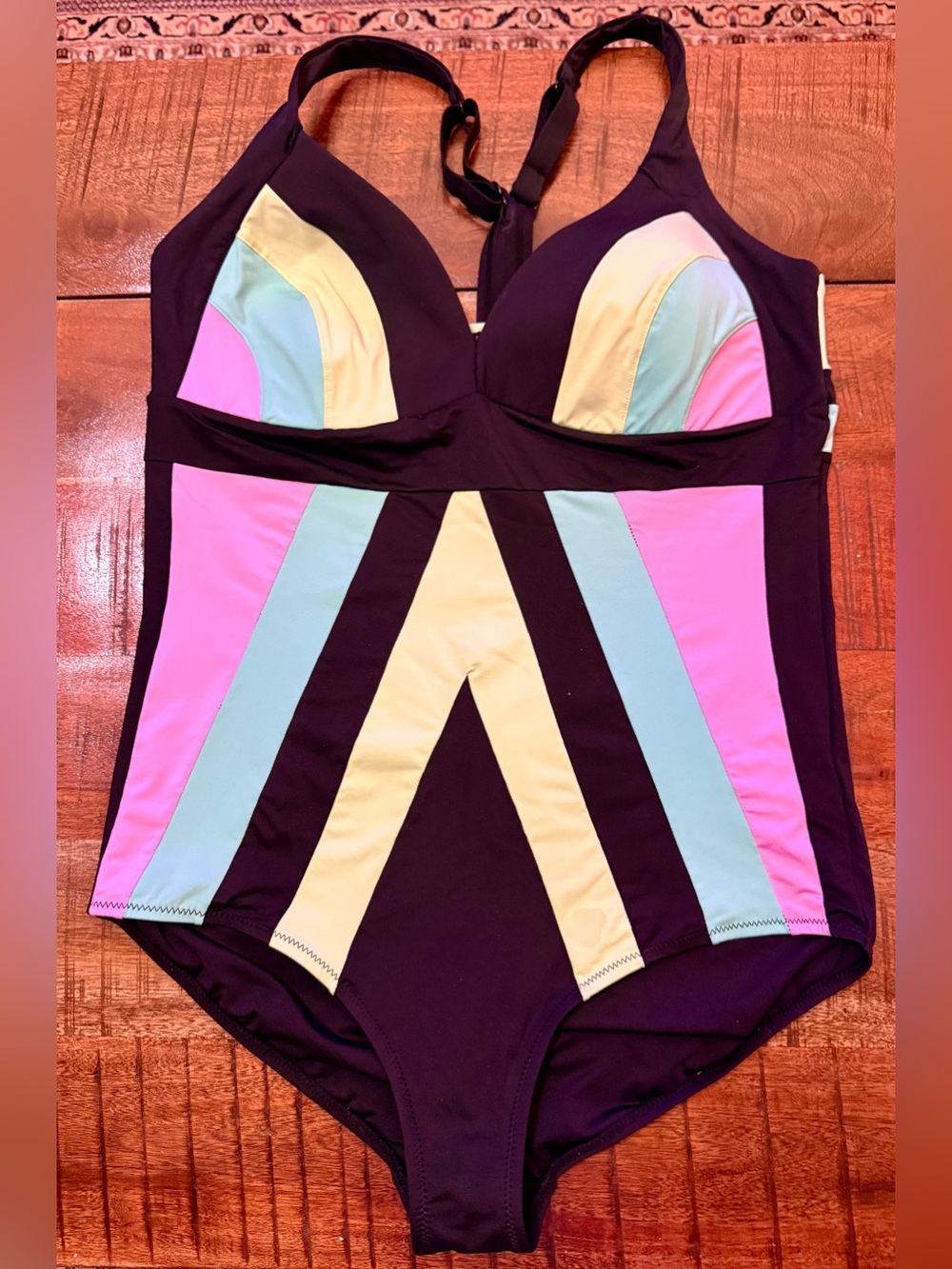Women’s Colorblock One-Piece Swimsuit - Black with Pastel Accents plus size